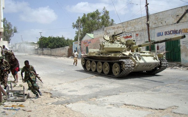 Somali government troops fight along side AMISOM peacekeepers against Islamic rebel groups in the north of the capital Mogadishu